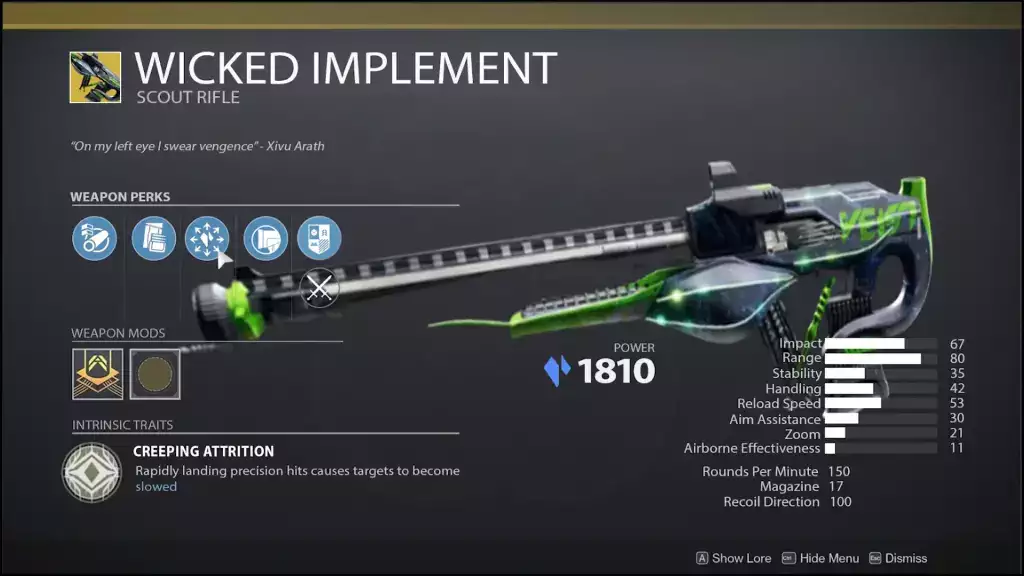 Vergünstigungen und Statistiken für die Waffe „Wicked Implement Scout Rifle“.