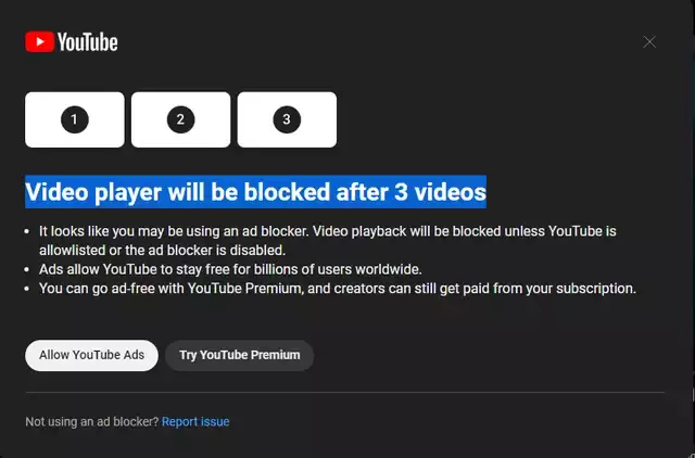 Videoplayer hat 3 Videos blockiert YouTube Bypass Adblock Popupo