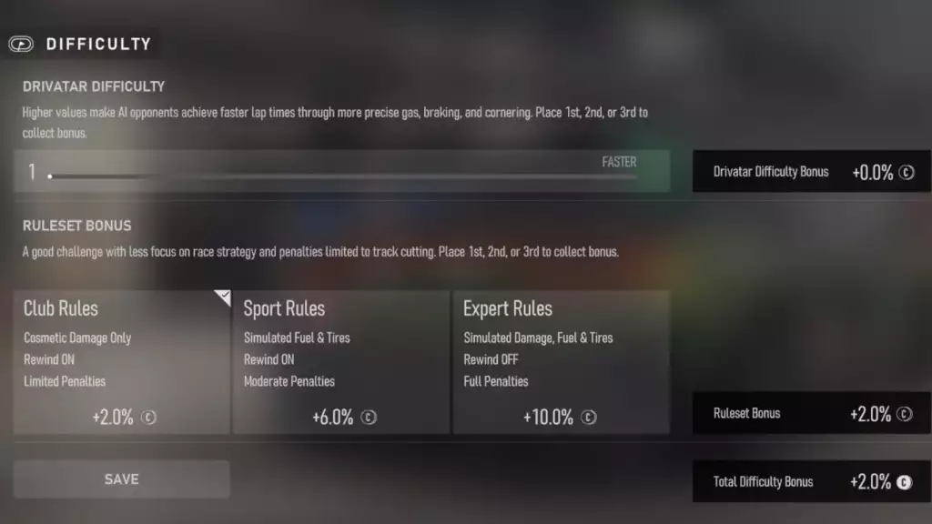 Forza Motorsport-Einstellungsleitfaden, Drivatar-Schwierigkeitseinstellungen, Regelsatz, Bonusmenü