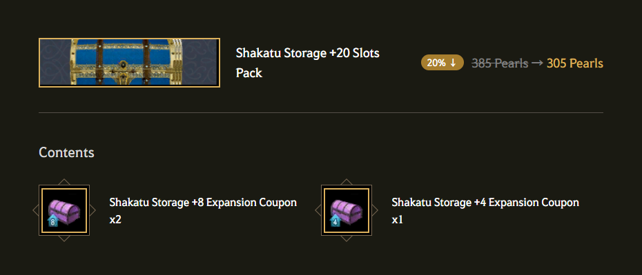 BDO Perle Shop Shakatu Storage +20 Slots Pack.