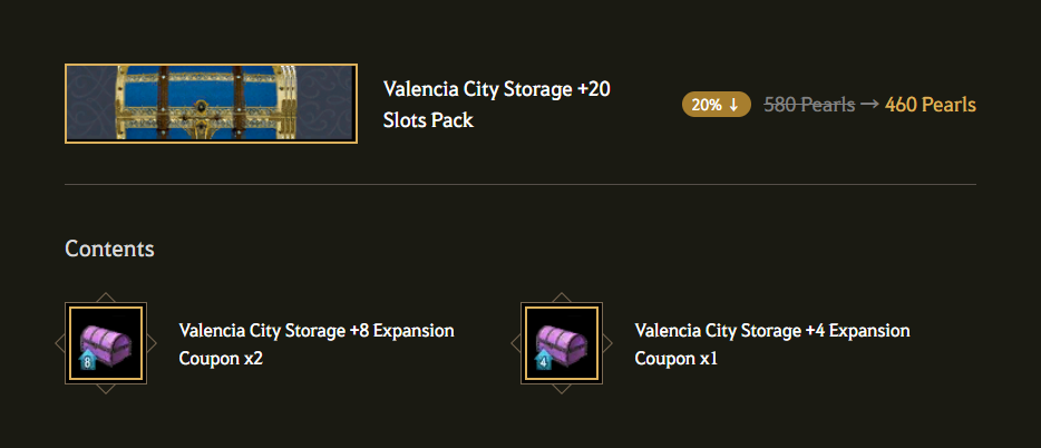 BDO Perle Shop Valencia City Storage +20 Slots Pack.