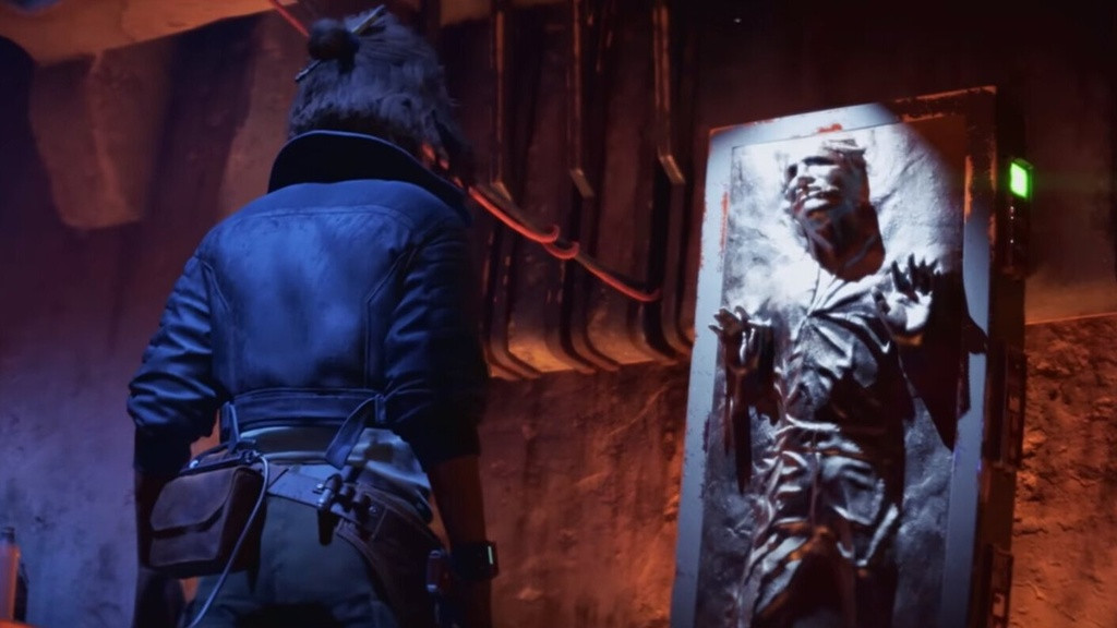Der Story-Trailer zu Star Wars Outlaws enthüllte den karbonitgefrorenen Han Solo, den Kay Vess gefunden hat.  (Bild: Ubisoft / YouTube)