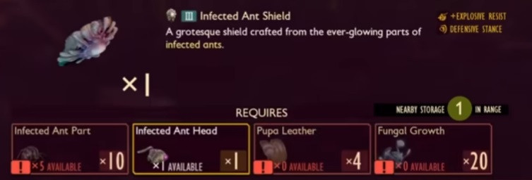 Grounded Infected Ant Shield Craft, Freischaltrezept, erforderliche Materialien, neues Spiel plus Spezialfähigkeitsstatistikeffekt