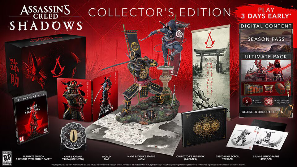 Die Collector's Edition ist je nach Lagerverfügbarkeit bei ausgewählten Einzelhändlern erhältlich und enthält alle Inhalte der Ultimate Edition sowie physische Artikel wie eine Steelbook-Hülle und ein Kunstbuch.  (Bild: Ubisoft)