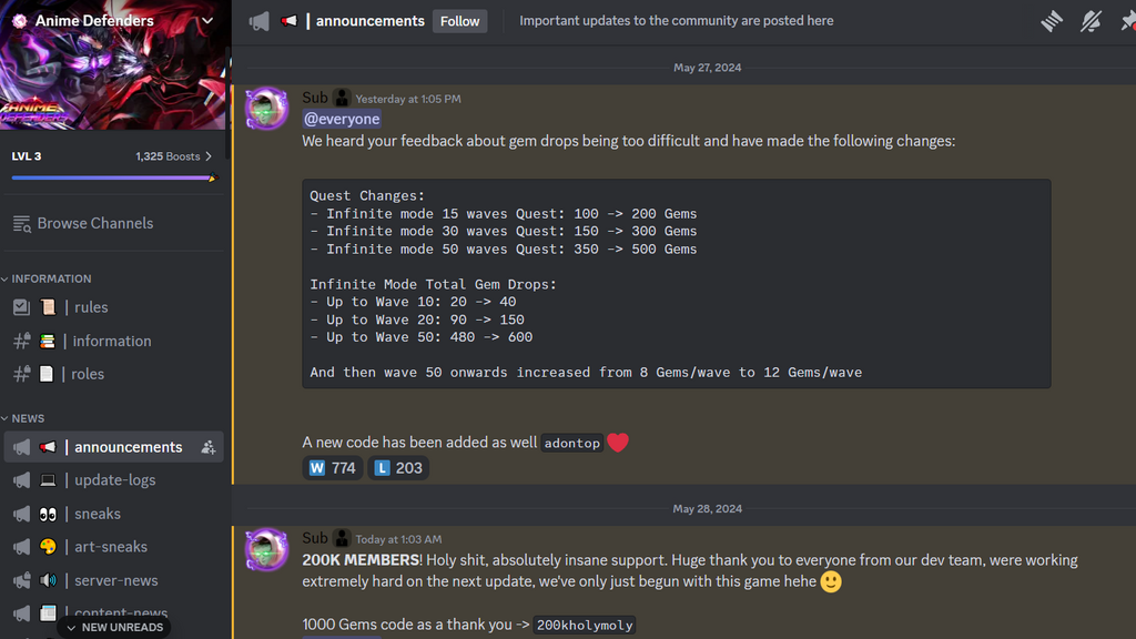 Die neuesten Updates und Community-Support für Anime Defenders finden Sie auf dem Discord-Server.