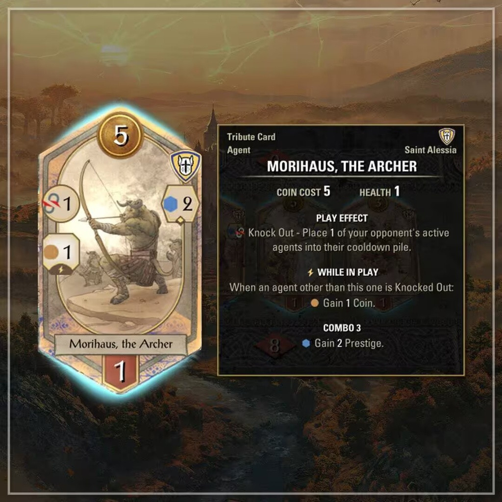 Die Agentenkarte „Morihaus, der Bogenschütze“ kann im Spiel eine Münze erhalten, wenn eine andere Agentenkarte KO gemacht wird.  (Bild: ZeniMax Online Studios)