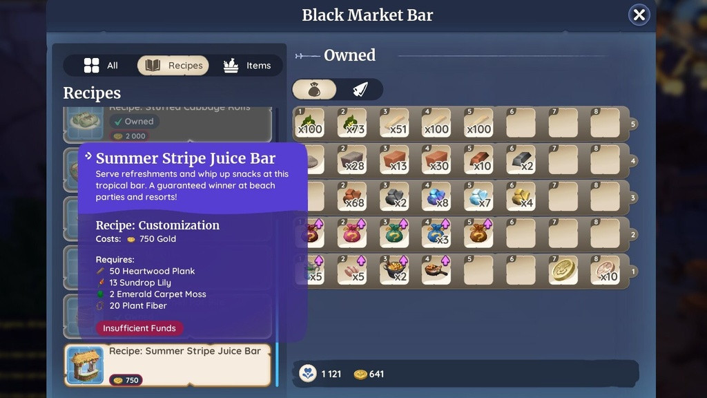 Palians können den Bauplan der Summer Stripe Juice Bar an Reths Kasse auf dem Underground Black Market kaufen. (Bild: Singularity 6 / Ashleigh Klein)