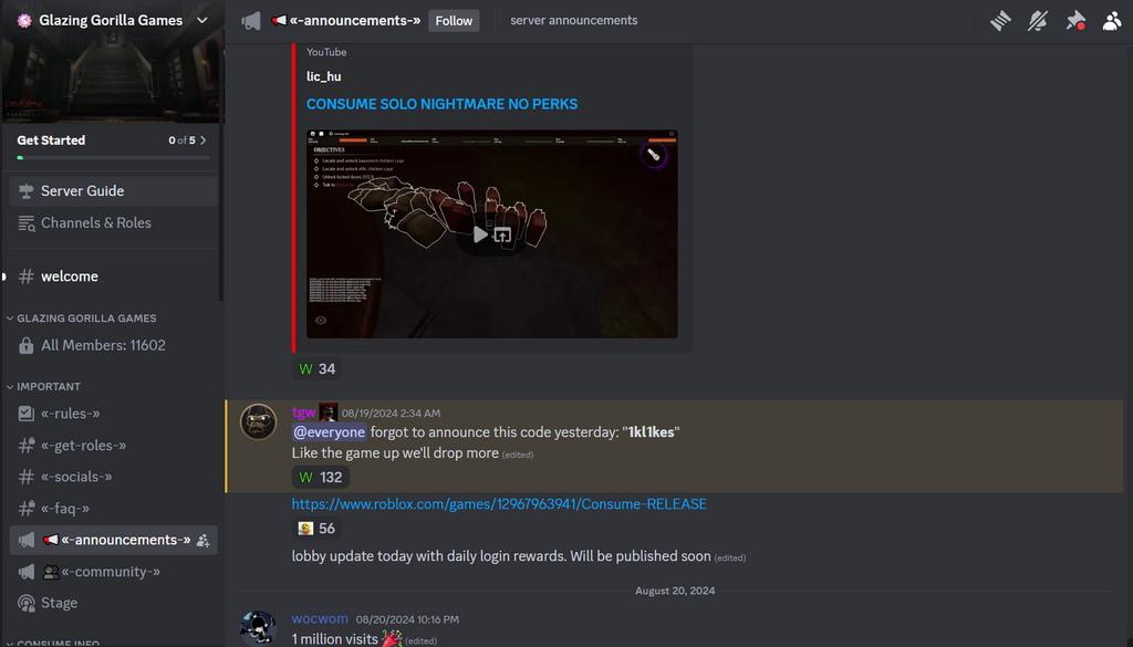 Die neuesten Updates und Community-Support für Roblox Consume finden Sie auf dem Discord-Server