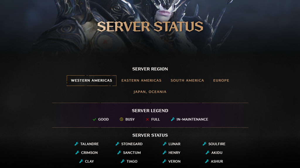 Statusseite des Throne- und Liberty-Servers. 